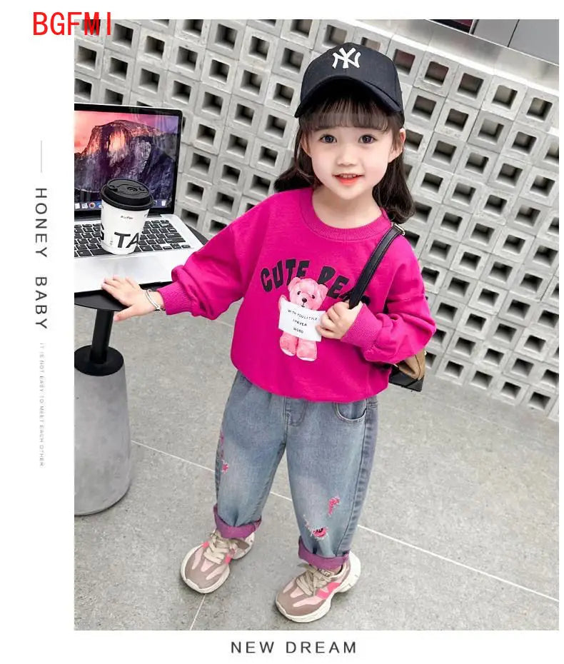 Girls Ripped Jeans Spring Autumn New Children Aging Denim Pants Fashion 2-10Y Kid's Straight Pants Cute Letter Trouser