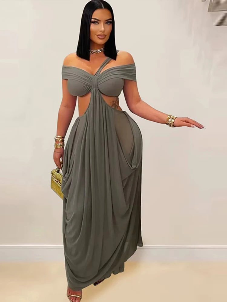 Sexy Beach Long Dress Women Hollow Out Backless Fold A Line Vestidos Female 2025 Summer Fashion Chic Solid High Waist Dresses