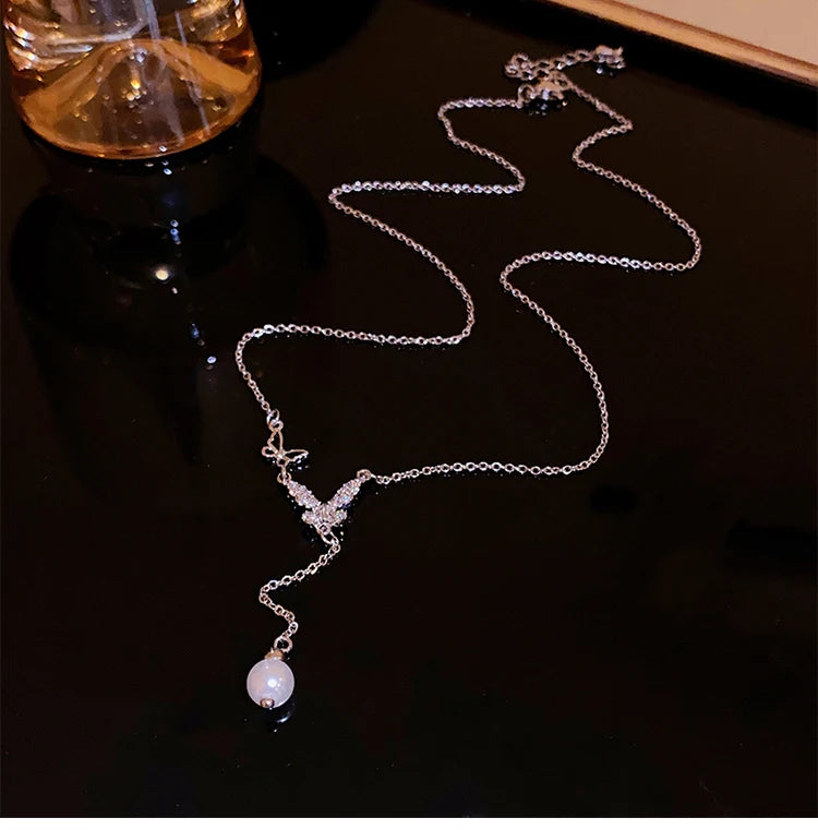 Pearl Rhinestone Bow Necklace for Women Fashion Light Luxury Niche Collarbone Chain Necklaces New Personality Jewelry Party K0