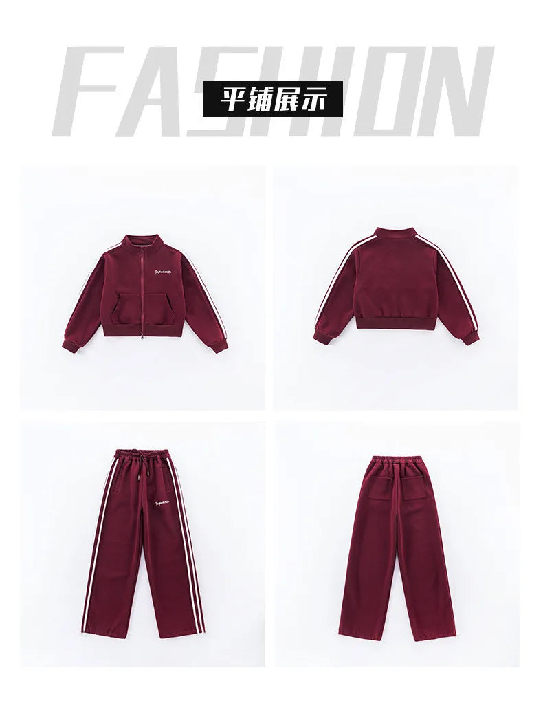 2026 autumn girls Clothes Children Suit Teenager zipped jacket Narrow crop top + wide leg high waist pants 4 5 8 10 11 12 year
