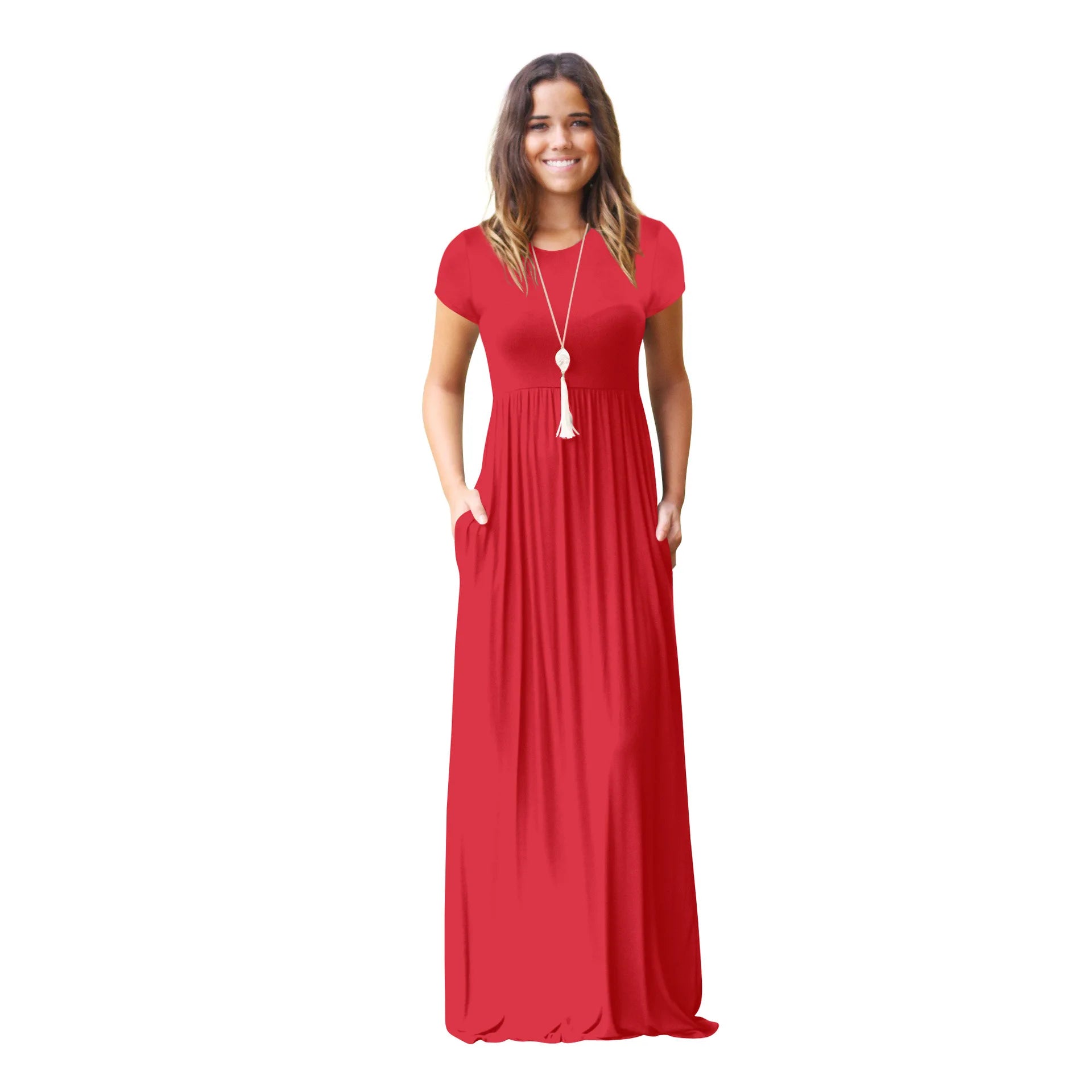Women Summer Dress Casual Solid Color O Neck Loose Short Sleeve Pocket floor-length Long Woman Maxi Dresses Vestidos SLBZ352