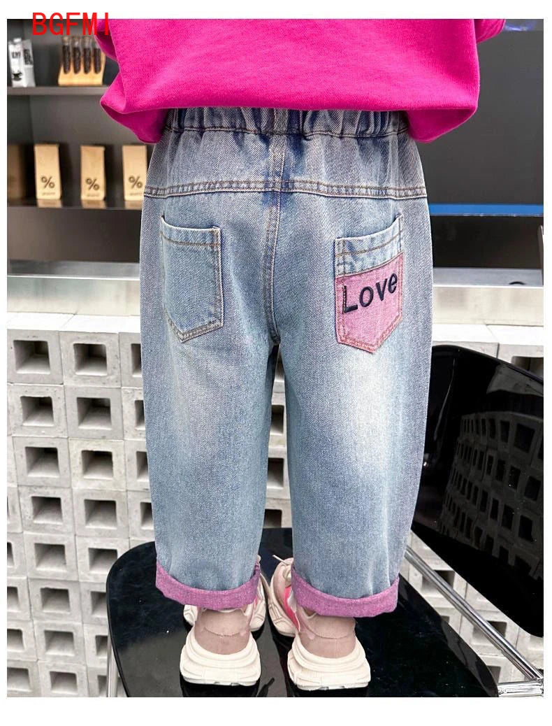 Girls Ripped Jeans Spring Autumn New Children Aging Denim Pants Fashion 2-10Y Kid's Straight Pants Cute Letter Trouser