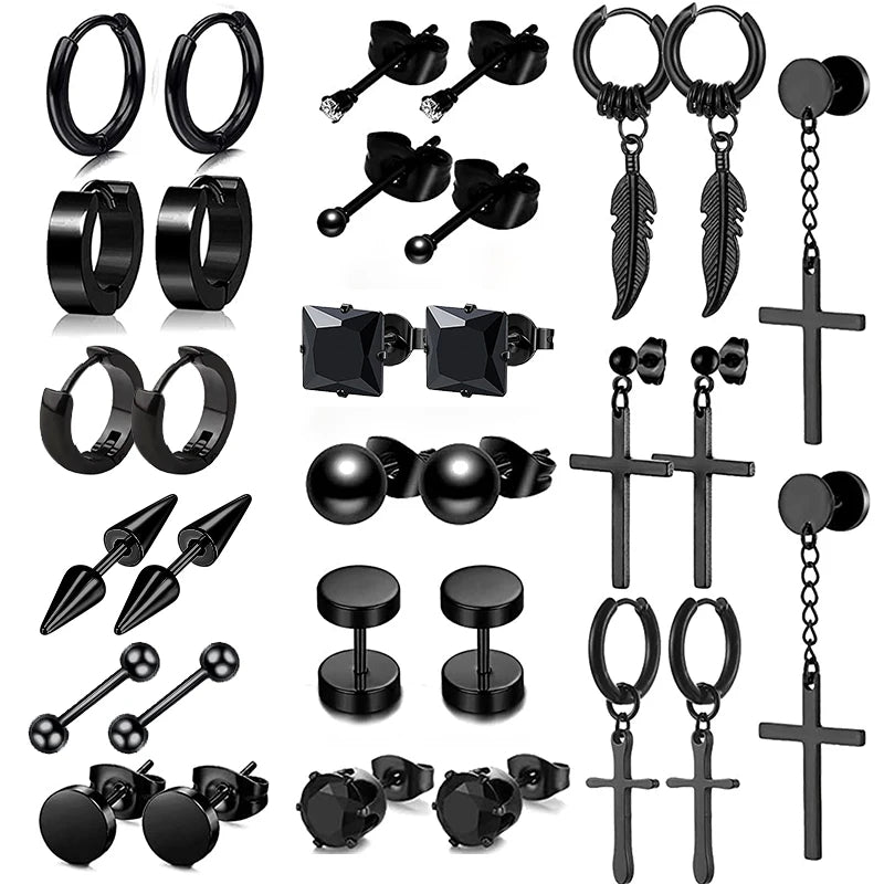 Black Punk Stainless Steel Women Men Hoop Earrings Small Trendy Round Cross Pendants Jewelry Accessories Earrings