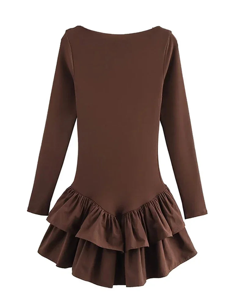 Ruffled Hem Solid Women Dresses Elegant Long Sleeve High Waist O-neck Lady Mini Dress 2025 Spring Chic Street Party Female Robes