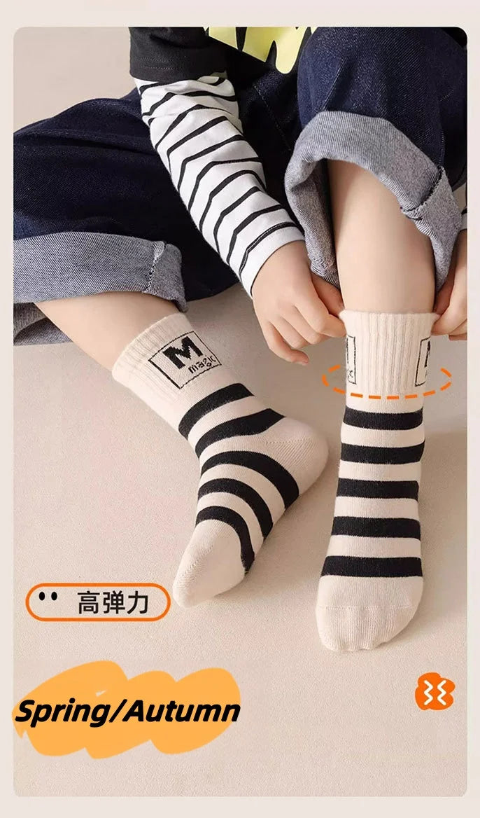 5 pairs Spring Socks Kids Cotton Socks Mid Calf Socks Striped Letter Pattern Children Sporty Socks Boys Socks