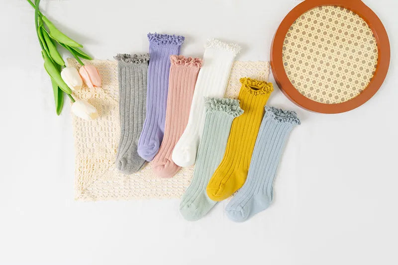 Ruffle Kids Knee High Socks Baby Girls Toddlers Long Soft Cotton Sock Lace Flower Children Princess Uniform Socks For 0-8Years