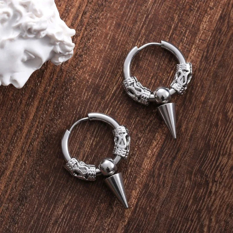 1pair Punk Stainless Steel Viking Earrings Round Circle Totem Hoop Earrings For Men Women Huggie Hip Hop 12mm 14mm 16mm