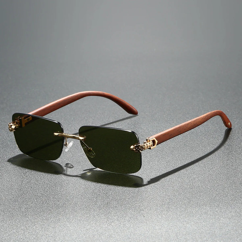 Europe Fashion Rectangular Sunglasses Men Women Unisex Luxury Rimless Frameless Cheetah Man Sun Glasses Wooden Texture