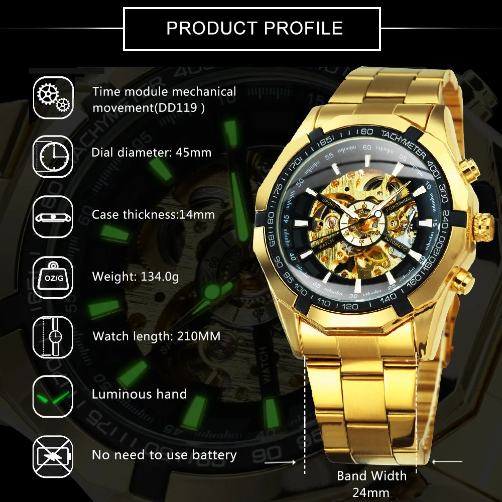 WINNER Fashion Skeleton Watch for Men Luminous Hand Classsic Mechanical Watches Stainless Steel Band Luxury Forsining Wristwatch