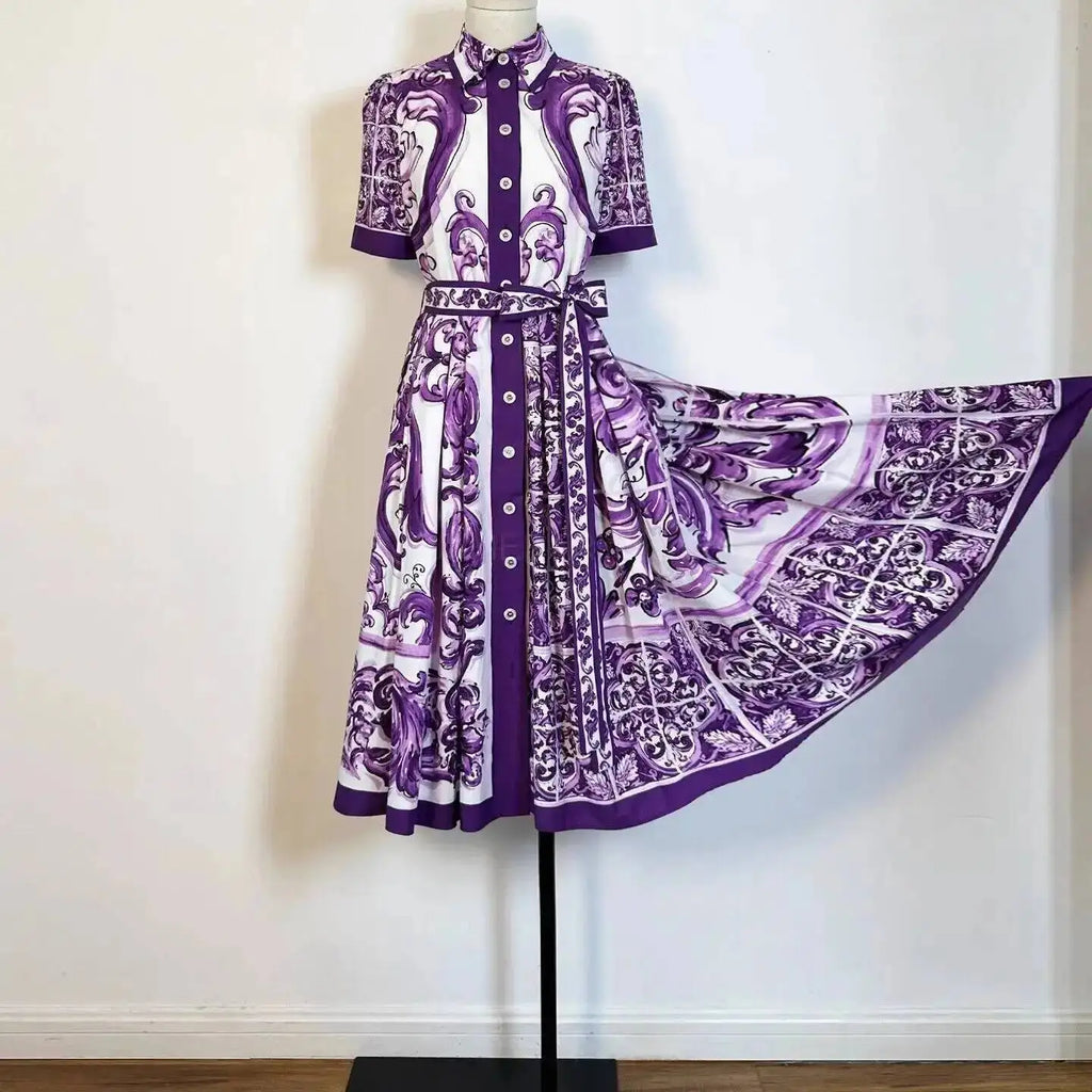Fashion Summer Floral Long Dress Women Purple Porcelain Print Midi Dresses Shirt Single Breasted Office Lady Work Holiday Runway