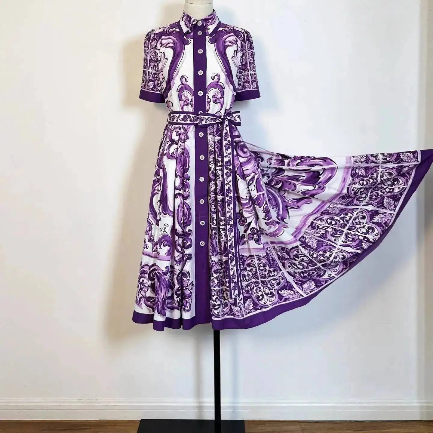 Fashion Summer Floral Long Dress Women Purple Porcelain Print Midi Dresses Shirt Single Breasted Office Lady Work Holiday Runway