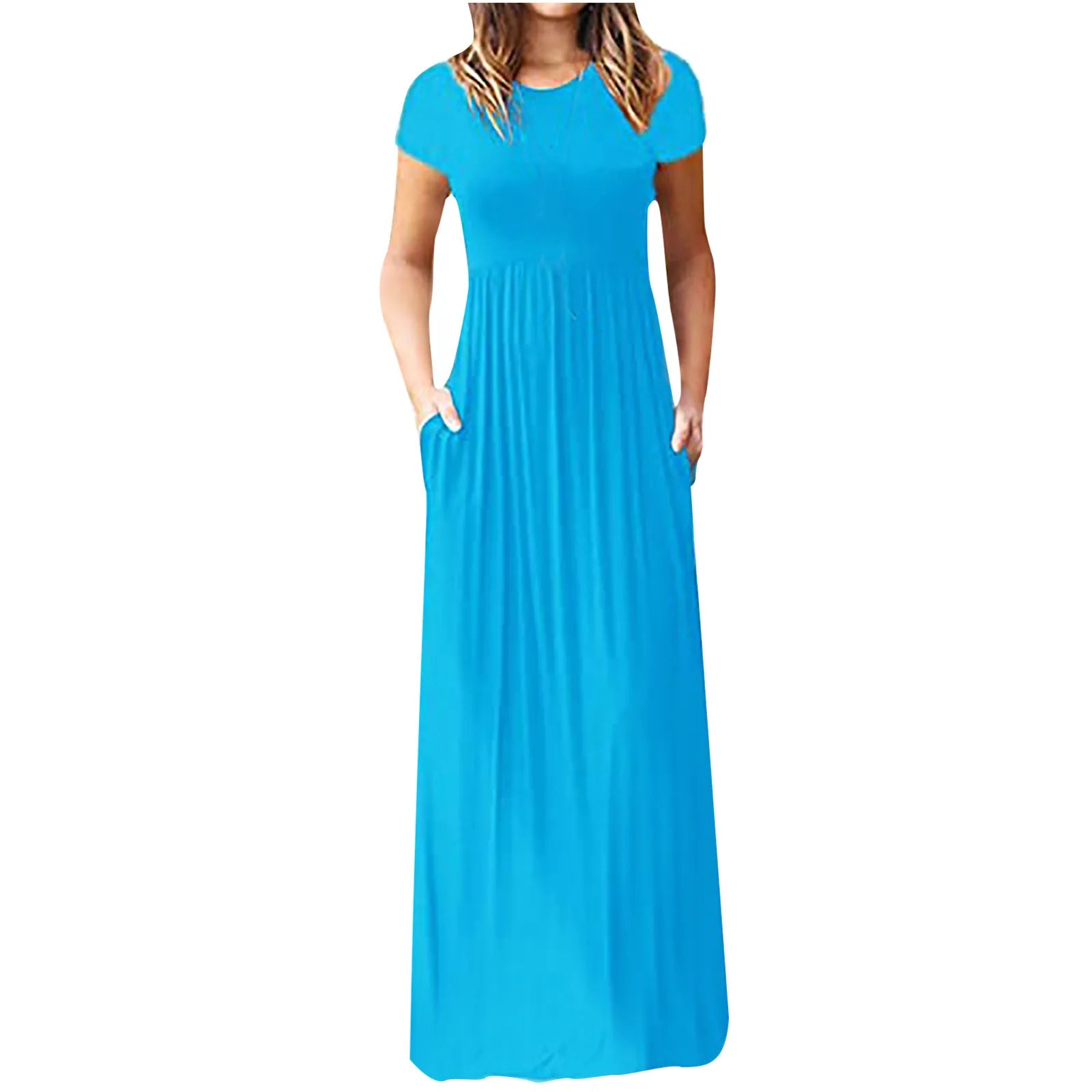 Women Summer Dress Casual Solid Color O Neck Loose Short Sleeve Pocket floor-length Long Woman Maxi Dresses Vestidos SLBZ352