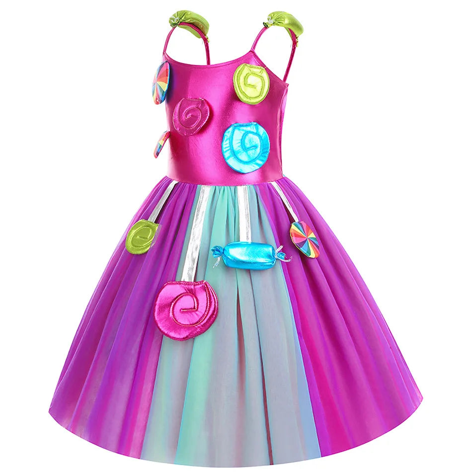 Girls Rainbow Lollipop Costume Princess Dress Purim Festival Candy Vestido Fancy Carnival Birthday Children Fantasy Wings Outfit