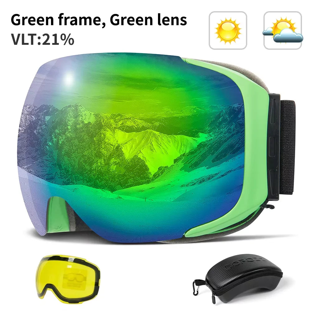 COPOZZ Magnetic Ski Goggles with Quick-Change Lens and Case Set 100% UV400 Protection Anti-fog Snowboard Goggles for Men & Women