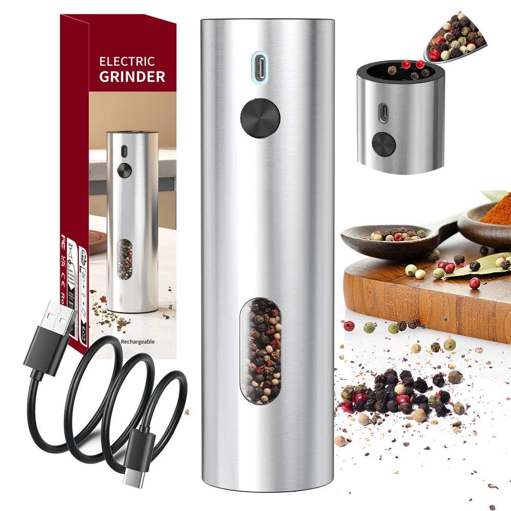 USB Rechargeable Automatic Pepper Grinder Salt And Pepper Mill Adjustable Coarseness Spice Grinder with LED Light for Kitchen