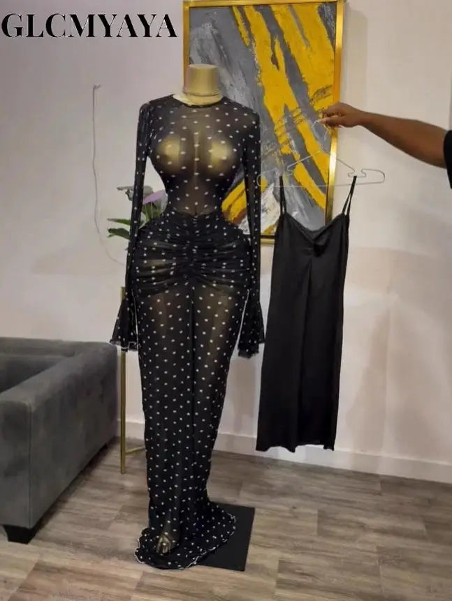 CM.YAYA Women Flare Long Sleeve Stacked Dot Mesh See Though with Lining Maxi Long Dress 2025 Evening Birthday Sexy Party Dresses
