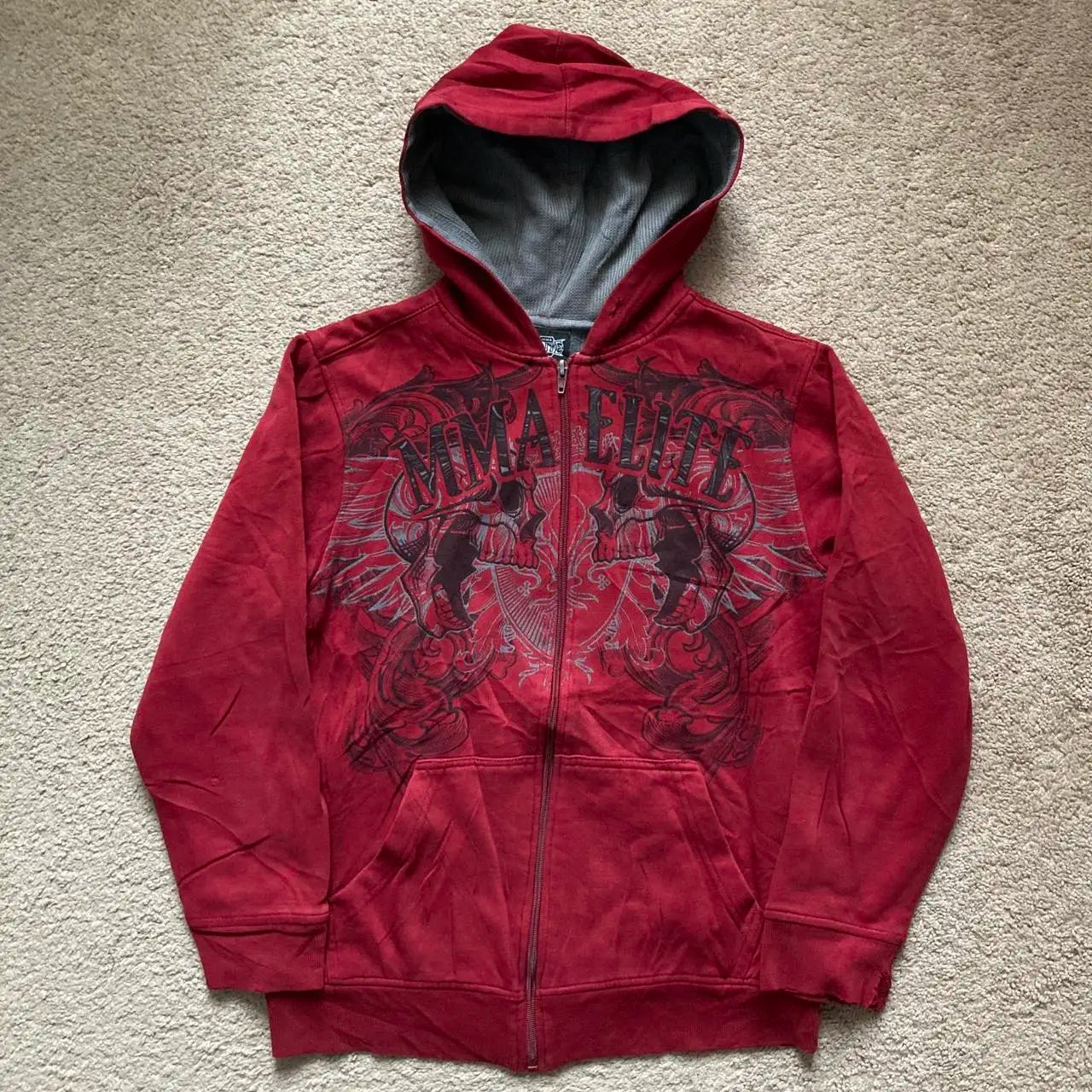 2024 New American Vintage Y2k MMA Elite Zip Up Hoodie Size Small Skull Wing Graphic Men Street Hip Hop Casual Sweatshirt Unisex