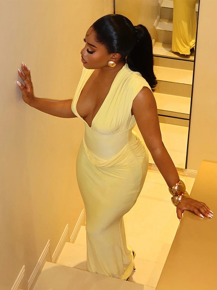 CHNMR Sexy Ruched Bodycon Maxi Dress Women Solid Sleeveless V-Neck Slim Long Dresses Female Party Evening Clubwaer Evening 2026