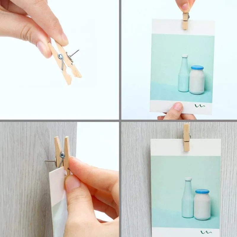 20Pcs/Box Clips Push Pin with Wooden Decorative Clips Durable Wooden Office School Stationery Thumb Tacks For Cork Blackboard
