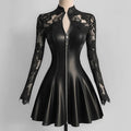 PU Leather Dresses for Women Stand Collar Lace Long Sleeve Zipper Slim Fit Mini Dress Woman Elegant A-Line Dress Streetwear Top