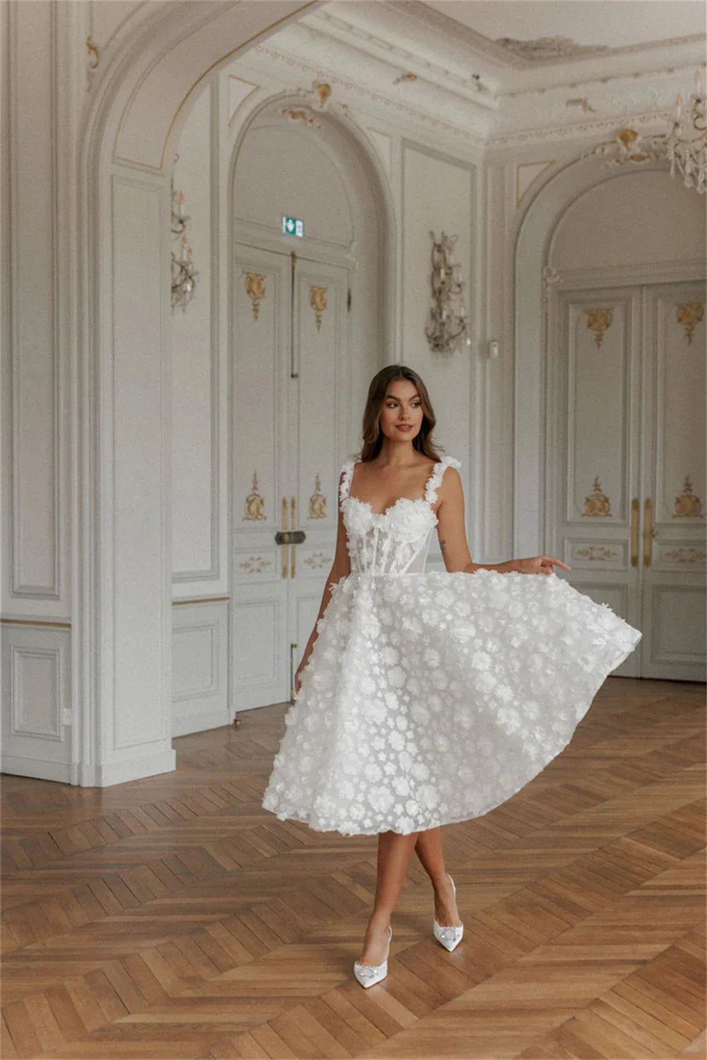 Amanda Lace Spaghetti Strap A-Line robes de soirée V Neck Knee-Length Evening Dresses Applique Valentines Day Wedding Dress
