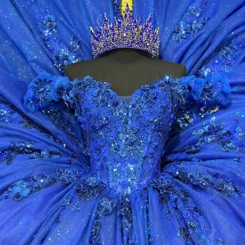 ANGELSBRIDEP Glittering Royal Blue Quinceanera Dresses Luxury Beading Lace Off-Shoulder Birthday Party Vestidos De 15 Anos