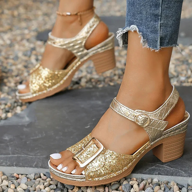 Women's Shiny Sequin Gold High Heels Sandals 2025 Summer Ankle Buckle Beach Sandals Woman Plus Size 43 Light Gladiator Shoes
