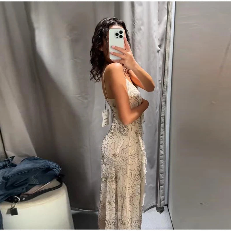 Sexy Beading Sequined Sling Long Dress Women Loose Solid V-neck Sleeveless Ruffled Shiny Dresses 2025 Summer Lady Evening Robes