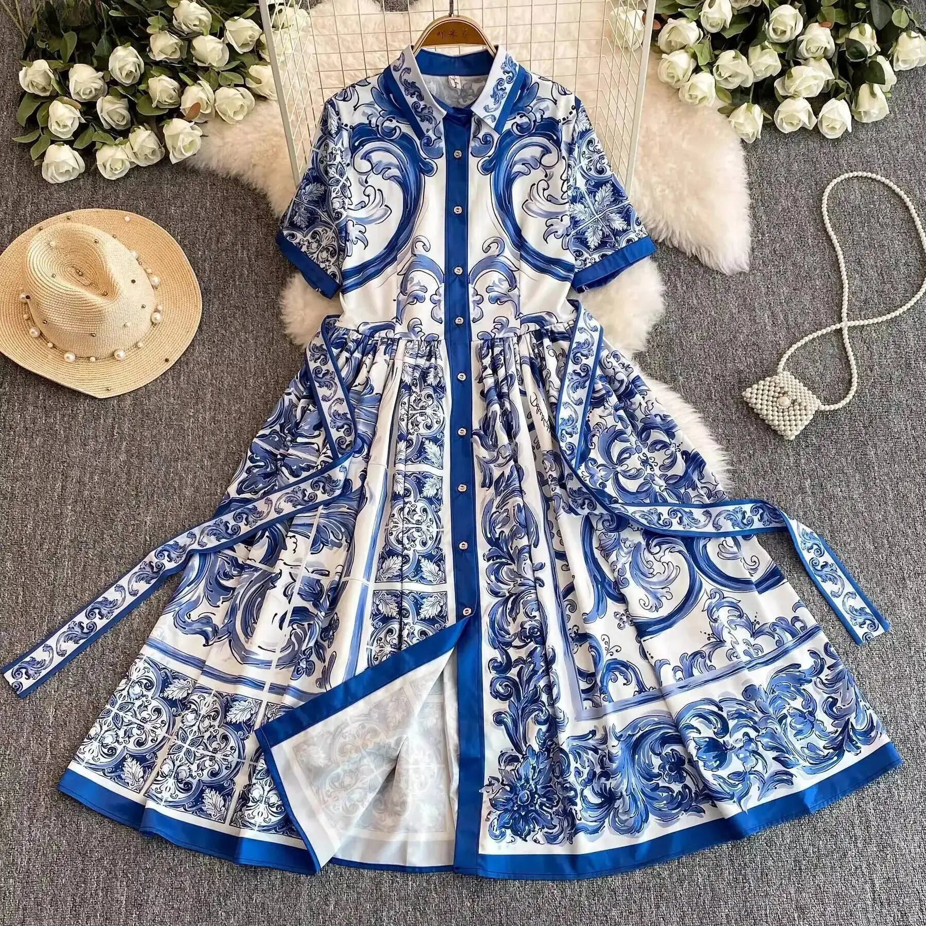 Fashion Summer Floral Long Dress Women Purple Porcelain Print Midi Dresses Shirt Single Breasted Office Lady Work Holiday Runway