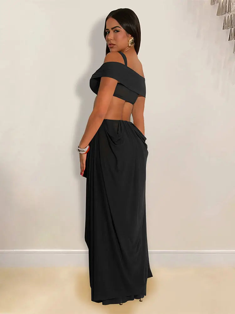 Sexy Beach Long Dress Women Hollow Out Backless Fold A Line Vestidos Female 2025 Summer Fashion Chic Solid High Waist Dresses