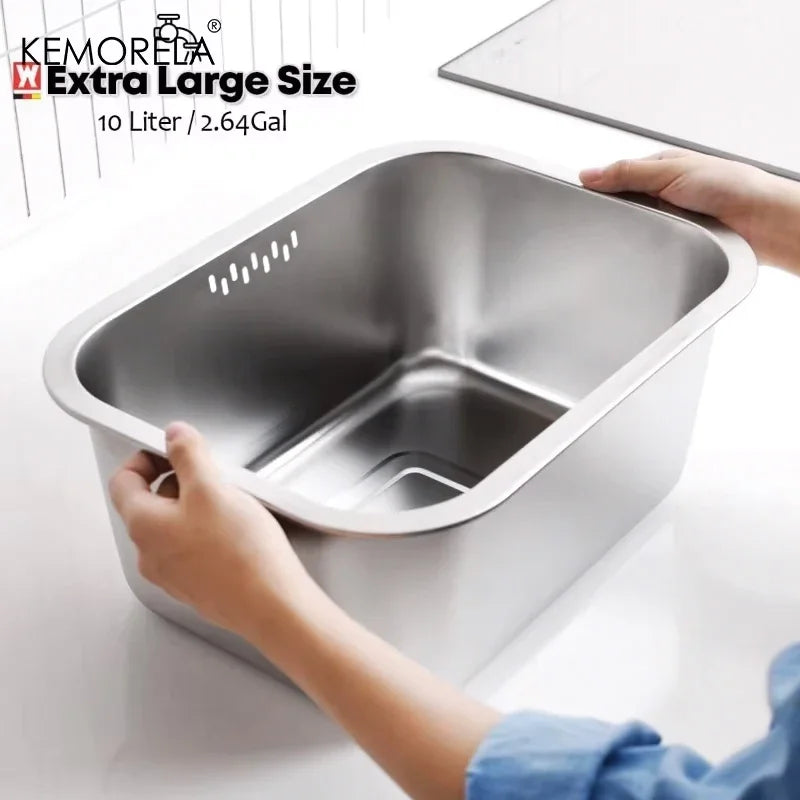 10L Portable Stainless Steel Washing-up Bowl Large Multipurpose Dish Tub Vegetable Washing Basin Kitchen Sink Organizer