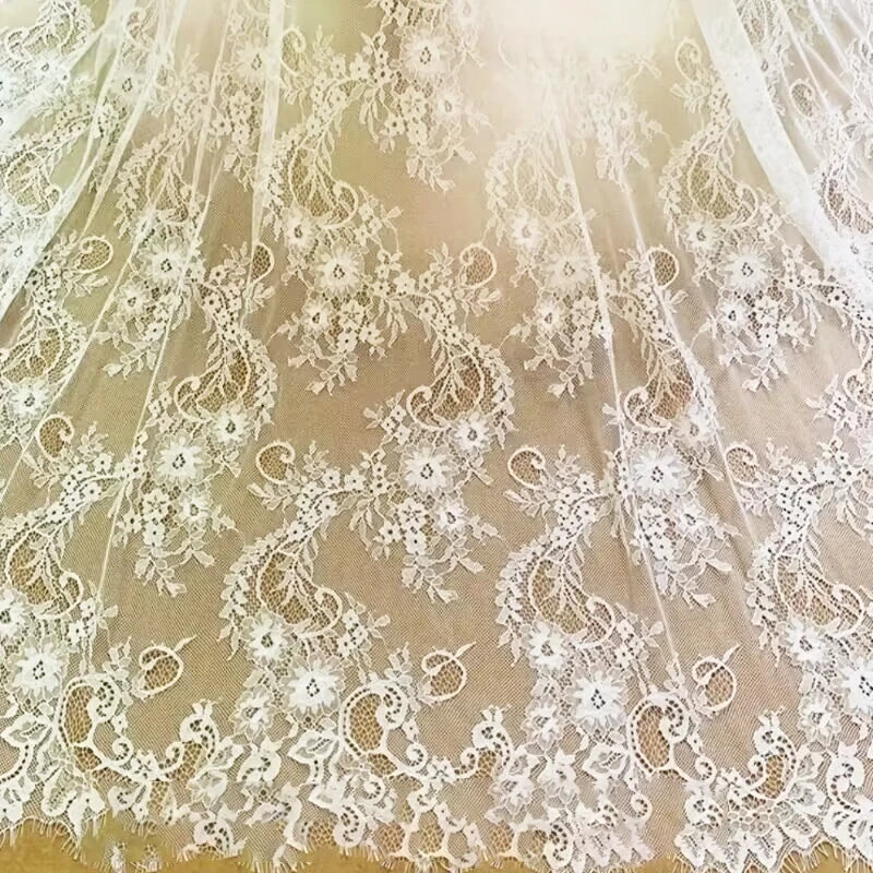 White Eyelash Lace Fabric Embroidery Floral DIY Sewing Material Cloth for Wedding Dresses, Bridal Veils,Home Tablecloth Decor
