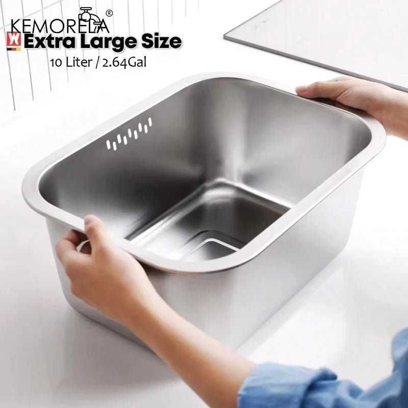 10L Portable Stainless Steel Washing-up Bowl Large Multipurpose Dish Tub Vegetable Washing Basin Kitchen Sink Organizer