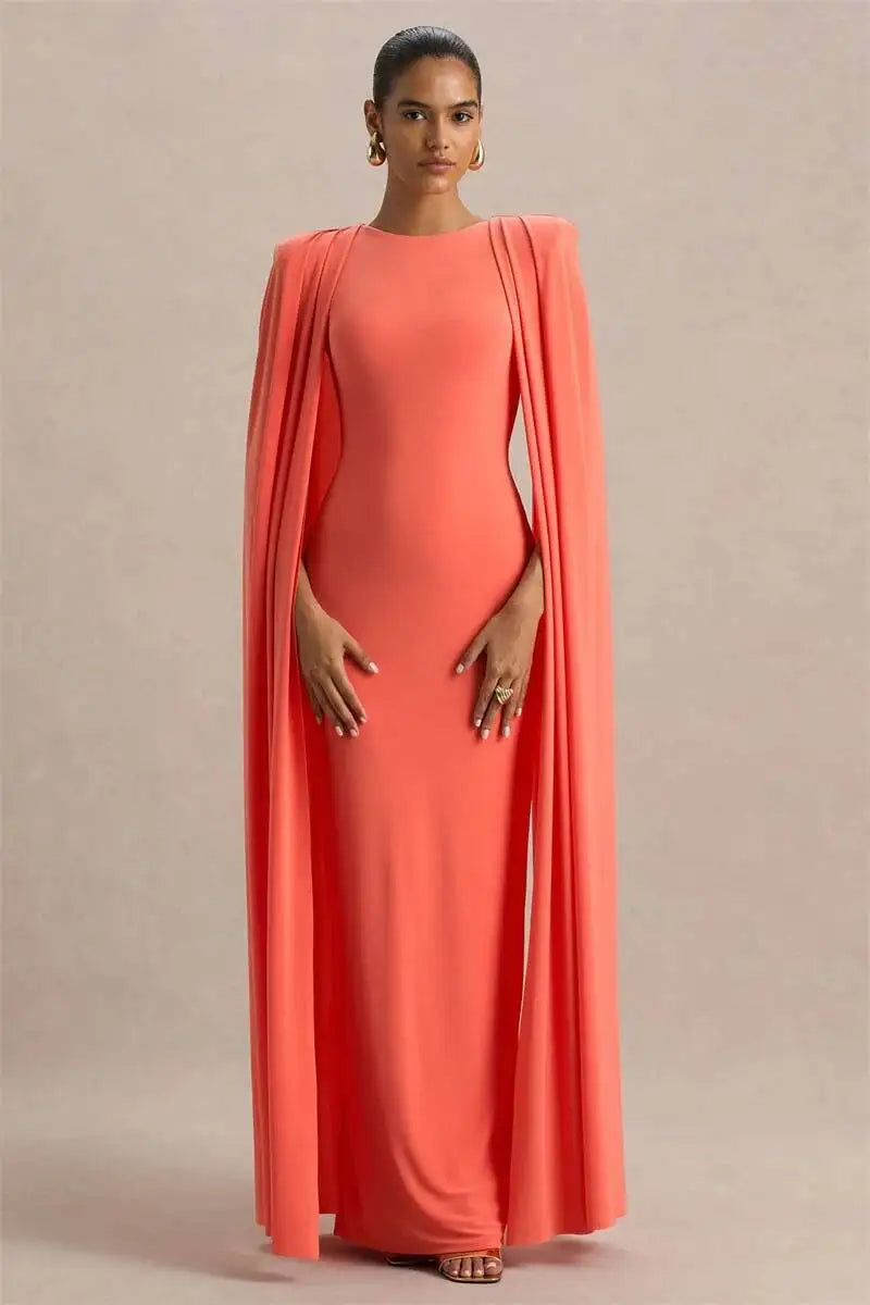 Blifanbo Sexy Cape Sleeve Maxi Dress Women Gown Fashion O Neck High Waist Split Zipper Club Party Long Dresses Female Elegant