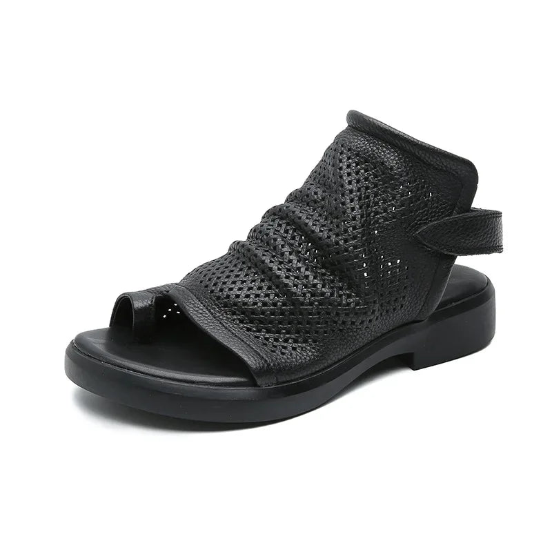 Birkuir Retro Hollow Out Sandals For Women Genuine Leather Flip Flop Slides Sandals Breathable Shoes Hook Loop Beach Sandals