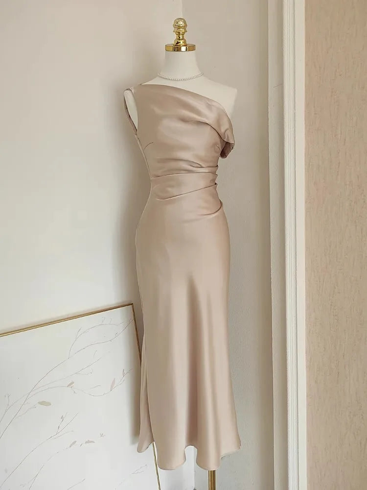 French Summer Autumn Fashion Acetate Satin Evening Dress Women Sexy Slash Neck Pencil Mermaid Long Prom Dresses Lady Gown