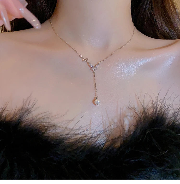 Pearl Rhinestone Bow Necklace for Women Fashion Light Luxury Niche Collarbone Chain Necklaces New Personality Jewelry Party K0