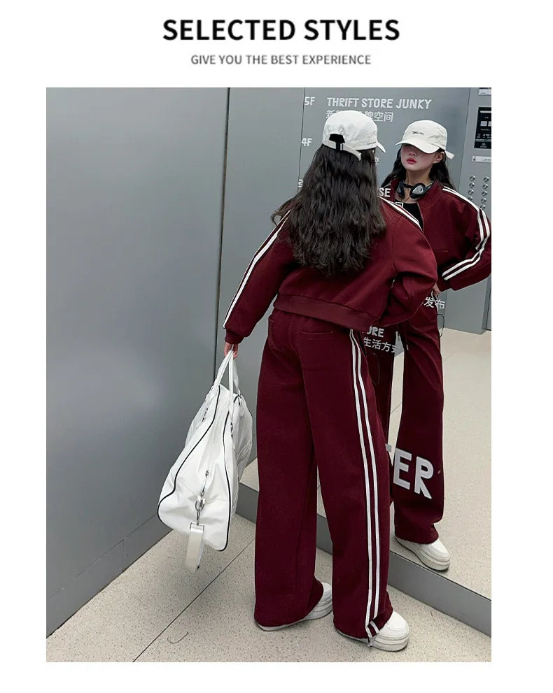 2026 autumn girls Clothes Children Suit Teenager zipped jacket Narrow crop top + wide leg high waist pants 4 5 8 10 11 12 year