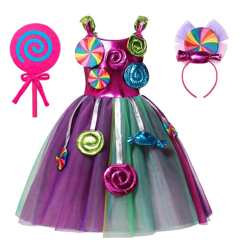 Girls Rainbow Lollipop Costume Princess Dress Purim Festival Candy Vestido Fancy Carnival Birthday Children Fantasy Wings Outfit
