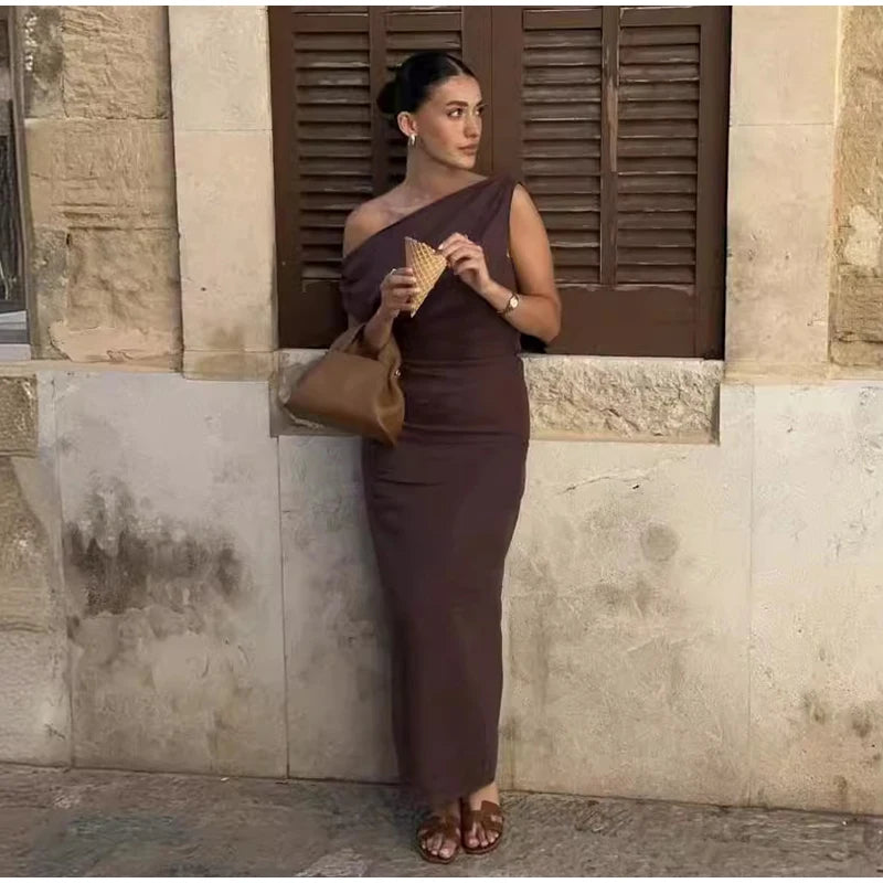 Elegant Off Shoulder Pleated Long Dress Slim Slash Neck Sleeveless Female Party Dresses 2026 Summer Autumn Lady Chic Solid Robes