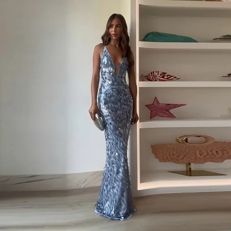 Sexy Sequined Women's Dress Hollow Out Backless V-Neck Slip Top Lady Long Dresses 2026 Spring Summer Female Holiday Robe New