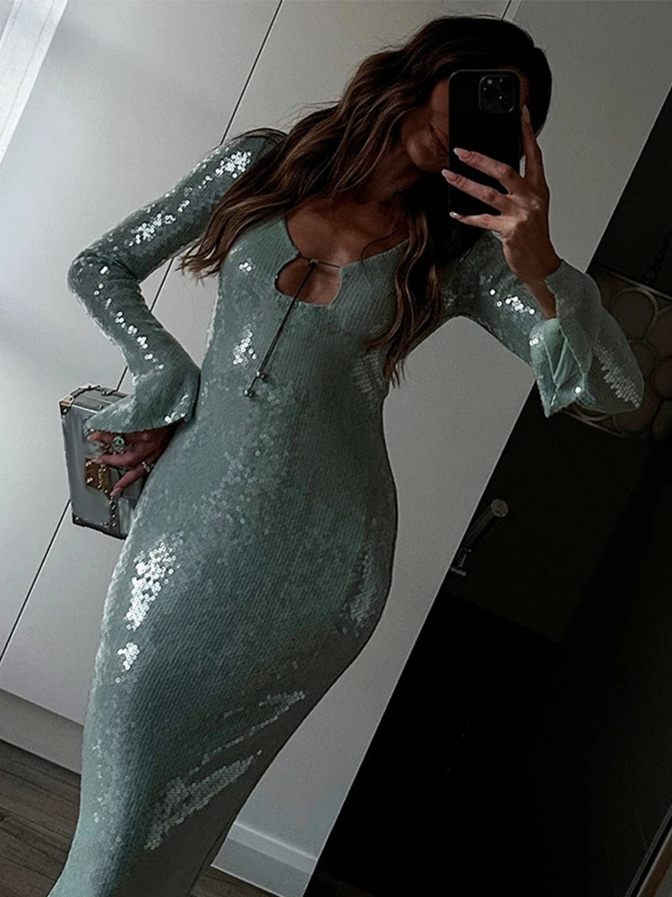 Sequin Lace Up Backless Long Dresses Deep V Flash Sparkling Sexy Long Sleeve Temperament Leakback Champagne Women Evening Dress