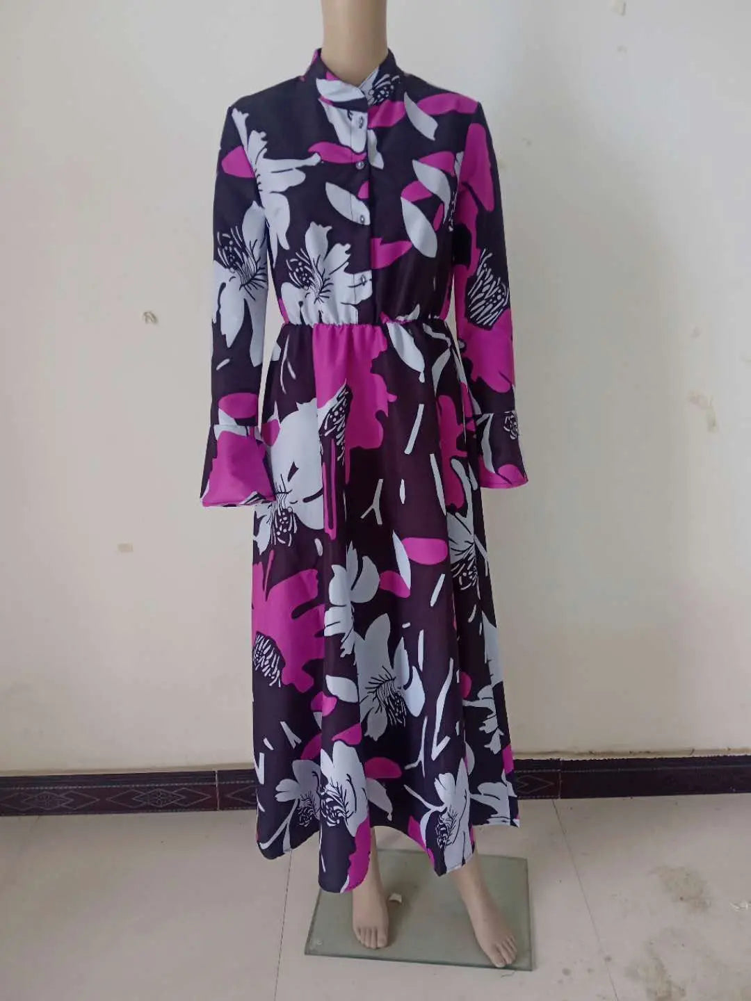 Retro Print Large Maxi Dress Women's Fashion Elegant Office Women's Long Dresses Spring Autumn Casual Long-sleeve Slim Vestidos