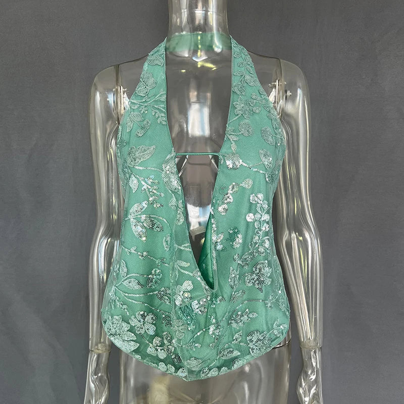 DGLUKE Green Sequin Top Women V-Neck Backless Crop Tops Summer Halter Neck Tank Top Camisole Sexy Glitter Shiny Club Party Tops