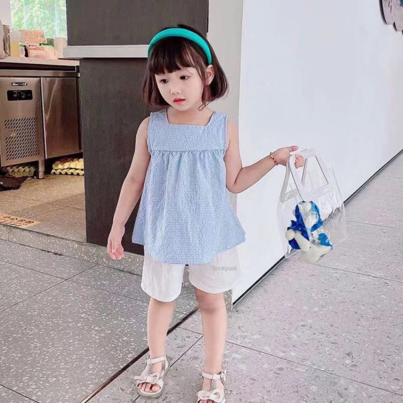 New Summer Kids Girls Clothes Sets Casual Girls Checked Straps+White Shorts 2pcs Suit Children Clothing Set