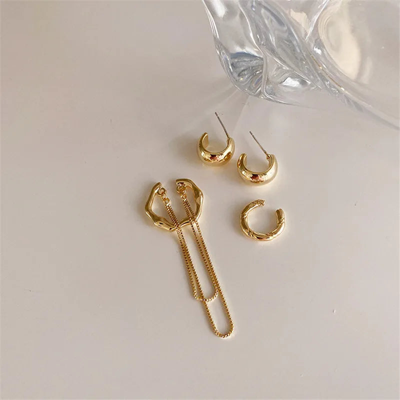 4PCS/SET New Design Gold Silver Color Metal Geometric Irregular Tassel Chain Clip Earrings for Women Non Pierced Ear Cuff 2023