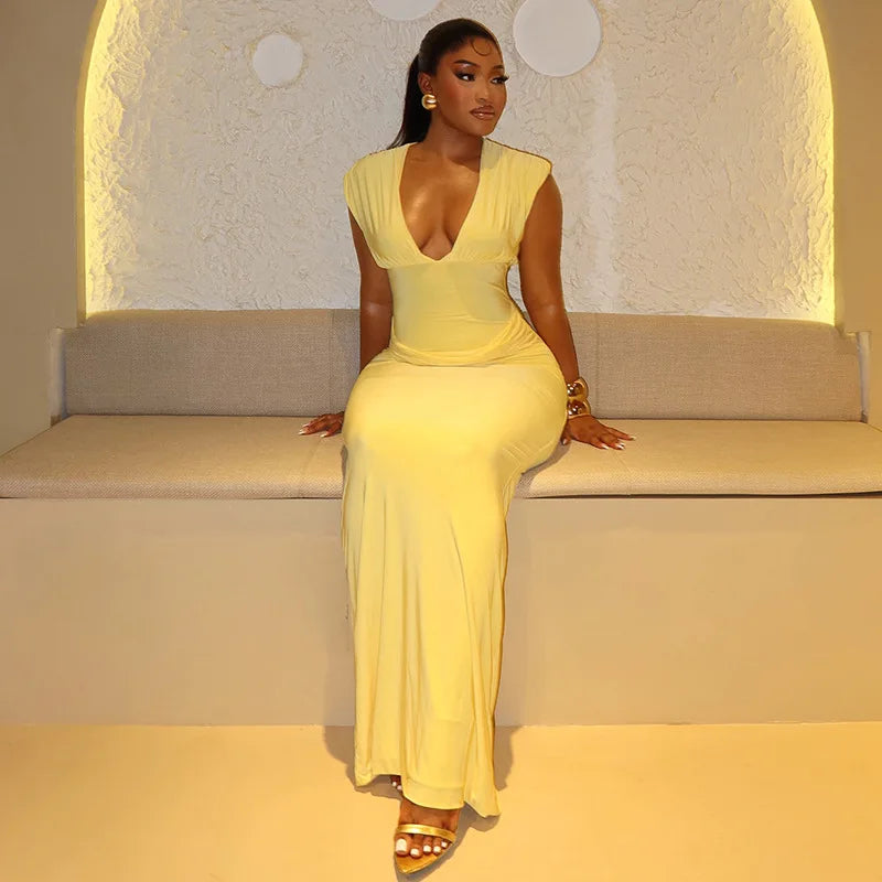 CHNMR Sexy Ruched Bodycon Maxi Dress Women Solid Sleeveless V-Neck Slim Long Dresses Female Party Evening Clubwaer Evening 2026