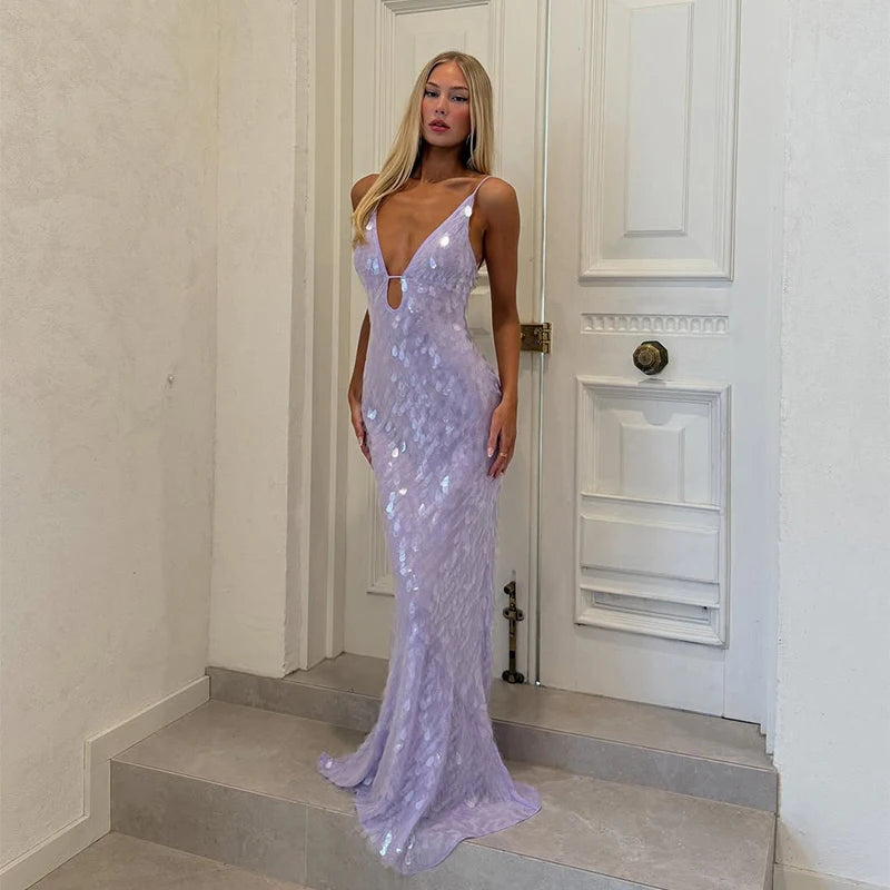 Sexy Sequined Women's Dress Hollow Out Backless V-Neck Slip Top Lady Long Dresses 2026 Spring Summer Female Holiday Robe New