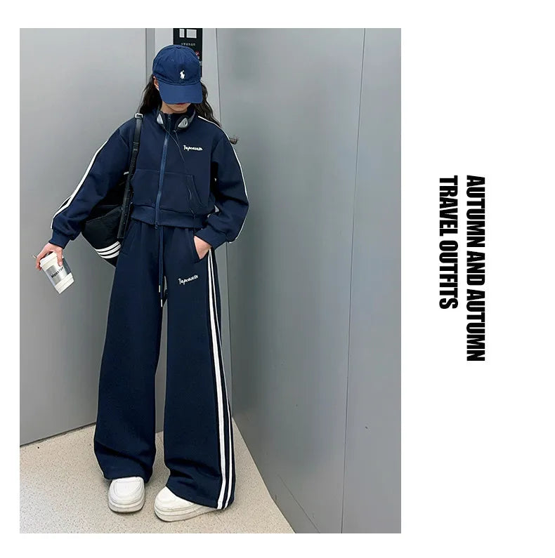 2026 autumn girls Clothes Children Suit Teenager zipped jacket Narrow crop top + wide leg high waist pants 4 5 8 10 11 12 year
