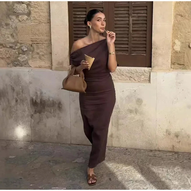 Elegant Off Shoulder Pleated Long Dress Slim Slash Neck Sleeveless Female Party Dresses 2026 Summer Autumn Lady Chic Solid Robes